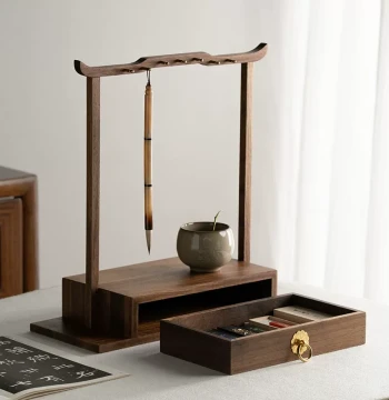 Zhang Xiaofeng Feng Qingyu Black Walnut Wood Brush Rest and Holder, Solid Wood Display Stand, Four Treasures of the Study for Calligraphy Brush and Collectible Storage