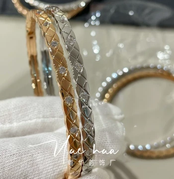 Chanel-Style Coco Quilted Bracelet for Women, V-Gold Plated 18K Yellow/Platinum/Rose Gold, Full Diamond Narrow/Wide Open Cuff, Premium Look
