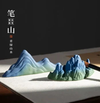 Thousand Miles of Rivers and Mountains Brush Rest Paperweight Ceramic Brush Holder Brush Mountain Brush Support Ruler Creative Calligraphy Brush Stand Desk Ornament Fake Mountain Green Landscape Meilin Brush Studio