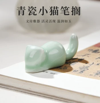 Ceramic Cute Brush Rest Brush Mountain Calligraphy Small Ornament Paperweight Holder Minimalist Chinese Style Painting Four Treasures of the Study Multifunctional Creative Artistic Desktop Kitten Fish Animal Brush Rest