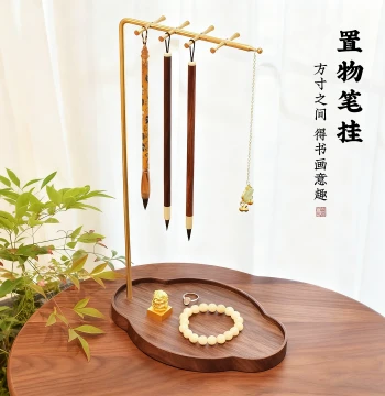 Brass Solid Wood Calligraphy Brush Storage Rack Desktop Hanging Rack Pen Hanger Specialized for Calligraphy, Desk Pen Holder for Students, Multifunctional