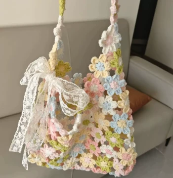 Hand-Crocheted Rainbow Flower Patchwork Hollow Shoulder Bag DIY Material Kit Homemade Large Bag Gift for Girlfriend