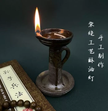 Vintage Old-Style Pure Handmade Butter Lamp Nostalgic Kerosene Lamp Wood-Fired Ceramic Tile Lamp Earthenware Candle Holder Buddha Offering Tea Utensil