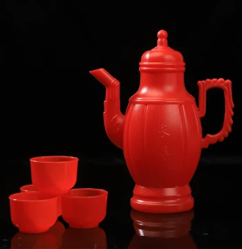 Red Plastic Wine Flask and Offering Tray Set for Home Buddhist Altars - Includes Cups, Fruit Plates, and Ritual Discs