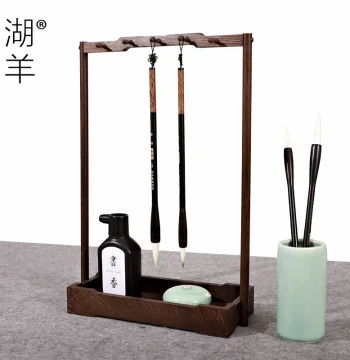 Calligraphy Brush Holder, Wingnut Wood Vintage Brush Hanger, Solid Wood Rosewood Brush Rest Set for Beginners, Four Treasures of the Study Student Storage Wenchang Brush Rack Display Ornament