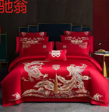 E4C High-End Wedding Four-Piece Set 100% Cotton Dragon and Phoenix Embroidered Duvet Cover Pure Cotton Big Red for Wedding Bedroom Bedding