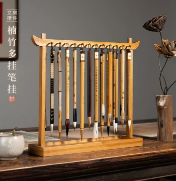 Zhang Xiaofeng Nan Bamboo Multi-Hook Brush Holder Calligraphy Brush Rack Solid Wood Creative New Chinese Style Four Treasures of the Study Brush Rest Bamboo Hanging Rack Retro Premium Light Luxury Ancient Style Multi-Item Storage Ornament Large Capacity