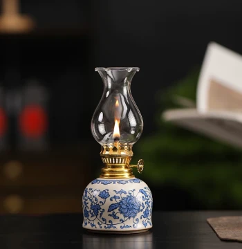 Tea Small Lamp Blue and White Ru Kiln Ceramic Butter Lamp Bedroom New Chinese Style Ornament Buddhist Lamp Floral Retro Kerosene Lamp Lamp Holder