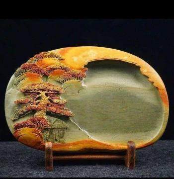 Authentic Zhaoqing Natural Raw Stone Duan Inkstone, Premium Gift and Collectible with Hand-Carved Relief, Green Duan 8-inch and 10-inch Sizes for Home Protection