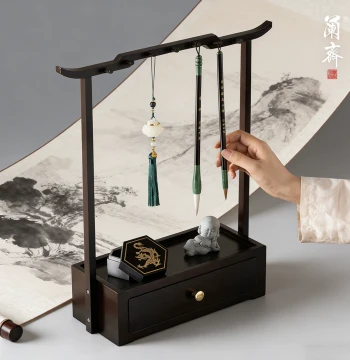 Calligraphy Brush Holder, Student Brush Hanging Rack, Bamboo Brush Stand, Solid Wood New Chinese Style Multi-Functional Storage Display Rack, Four Treasures of the Study Ornament, Calligraphy Storage Rack, Brush Holder Stand