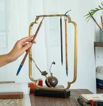 Copper Infinity Brass Calligraphy Brush Holder with Marble Base, Study Room Decorative Ornament, Four Treasures of the Study