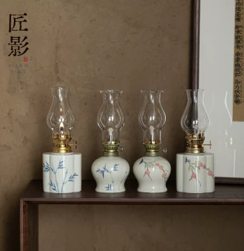 New Chinese Style Ceramic Butter Lamp, Tea Lamp, Vintage Kerosene Lamp, Old-Style Home Study Bedroom Eternal Light, Small Night Light