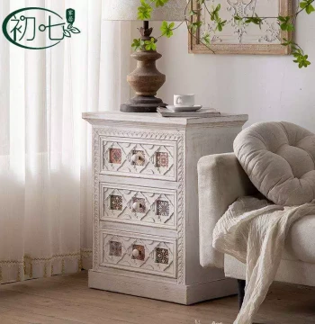 Mediterranean Style Painted Vintage Drawer Chest, American Pastoral Bedside Table, Storage Cabinet, Solid Wood Side Cabinet for Bedroom and Living Room