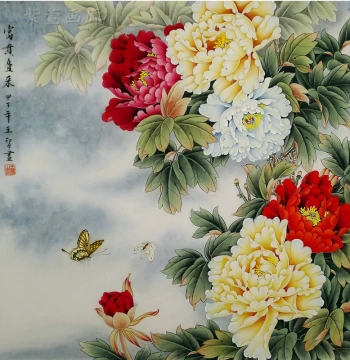 Gongbi Painting Four-Foot Square Peony and Butterfly White Outline Line Draft on Xuan Paper Ready for Coloring