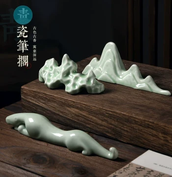 Fuhu Celadon Ceramic Brush Rest, Brush Mountain, Ancient Style Japanese Brush Holder, Brush Pot, Stand, Paperweight, Four Treasures of the Study, Calligraphy and Painting Supplies, Chinese Taihu Style Minimalist Creative Brush Pillow