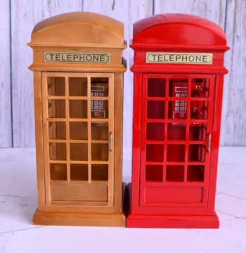 British Style Vintage Telephone Booth Music Box Mechanical Wind-up Wooden Craft Decorative Ornament Gift for Children