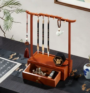 Storage Rack for Four Treasures of the Study: Bamboo Calligraphy Brush Hanger, Solid Wood Multi-Function Brush Holder for Students (New Chinese Style)
