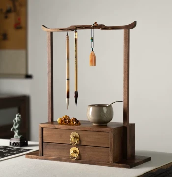 Feng Qingyu Brush Rack Black Walnut Wood Brush Hanger Solid Wood Display Stand Four Treasures of the Study Calligraphy Brush Storage Antique Collectible Holder Box Shelf Retro New Chinese Style High-End Rack Creative Student Ornament