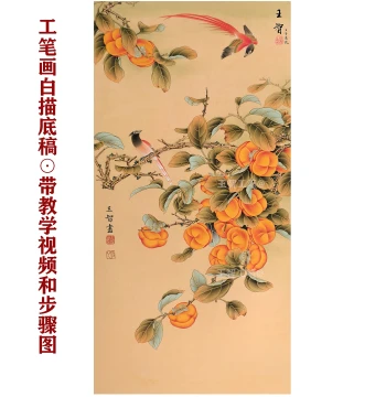 Chinese Painting Line Drawing Manuscript Persimmons Bring Good Fortune Hand-Drawn Art