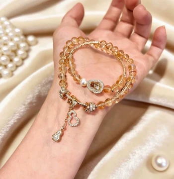 Natural Citrine Bracelet for Love Attraction, Strawberry Quartz Beaded Bracelet for Women, Wealth-Attracting Yellow Tower Quartz Gourd Ornament, Best Friend Gift