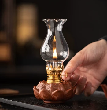 Retro Ceramic Lotus Butter Lamp Eternal Flame Lamp Zen Study Tea Room Atmosphere Light Decorative Ornament Night Light Lamp Vessel