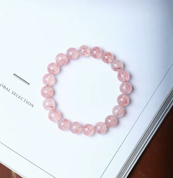 Natural White Body Large Flower Strawberry Quartz Round Bead Bracelet Women's Genuine Strawberry Quartz Crystal Beaded Bracelet Jewelry Gift