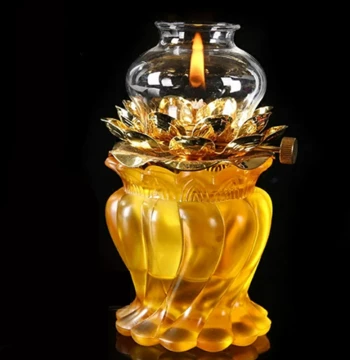Crystal Lotus Oil Lamp Ghee Lamp Buddhist Offering Lamp Household Liquid Ghee Lamp Windproof Eternal Light Buddha Altar Lamp