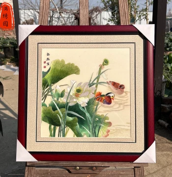 Intangible Cultural Heritage Pure Handmade Exquisite Embroidery Mandarin Duck Lotus Hundred Years of Harmony Wedding Special Gift Bedroom Mural Su Embroidery Painting