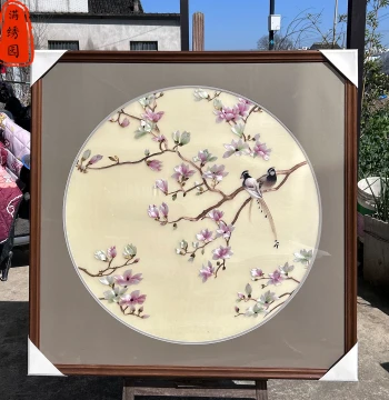Four-Thread Magnolia Flower and Bird Intangible Cultural Heritage Pure Handmade Su Embroidery Living Room Hanging Painting Entrance Study Bedroom Decorative Mural
