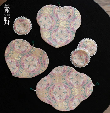 Fanye Chinese Brocade Sashiko Embroidery Pink Peach Heart Tea Mat High-Aesthetic Home Tea Table Runner Dry Brewing Tea Pad