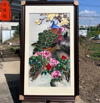 Intangible Cultural Heritage Pure Handmade Su Embroidery Large Peacock and Peony Hanging Painting Villa Living Room Entryway Study Bedroom Decorative Painting