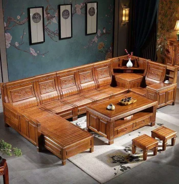 Solid Wood Sofa Camphor Wood Combination Living Room Antique Sofa Chinese Classical Rural Corner Chaise Lounge Storage Sofa