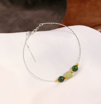 Natural Hetian Jade Yellow Mouth Patterned Barrel Beads Paired with Sterling Silver Universal Bracelet, Original Design Women's Jade Jewelry