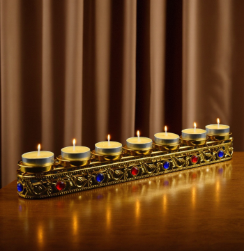 Tibetan-Style Butter Lamp Base with Alloy and Gemstone Inlay, Single-Row Seven-Star Buddha Offering Lamp, Eternal Candle Holder