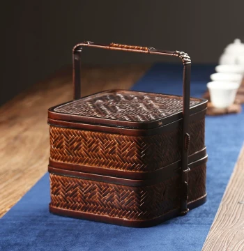 Handwoven Bamboo Double-Layer Food Box Basket Picnic Storage Bamboo Handbag Vintage Chinese Style Portable Tea Set Carrier