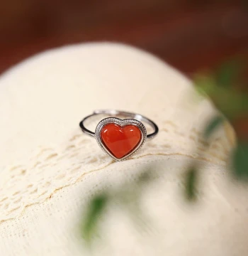 Natural Southern Red Agate Ice Floating Material Heart-Shaped Pure Silver Inlaid Ring, Women's Southern Red Ring Jewelry