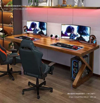 Solid Wood Leg Double Computer Desk, Home Office Workstation, Study Writing Table, Natural Wood Long Desk