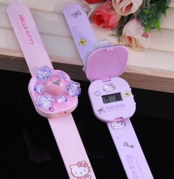 Children's Snap Circle Toy Watch Snap Circle KT Cat Rotating Glowing Hello Kitty Girls Snap Bracelet