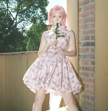 Vintage French Pink Rose Floral Print Princess Lolita Dress - 100% Cotton Fabric
