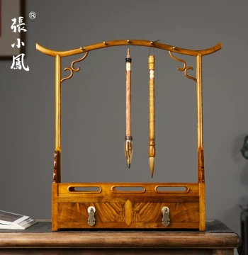 Zhang Xiaofeng Chenzhang Brush Rest Gift Box, Premium Golden Nanmu Solid Wood Calligraphy Set, Professional Grade Four Treasures of the Study, Elegant Display Stand and Holder for Gifting