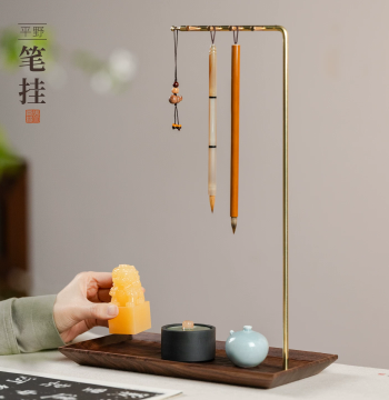 Shanlian Hubei Brush Pingye Chengpan Brush Holder - Brass and Solid Wood Creative New Chinese Style Calligraphy Four Treasures of the Study Walnut Wood Retro Premium Light Luxury Ancient Style Stationery Storage Ornament