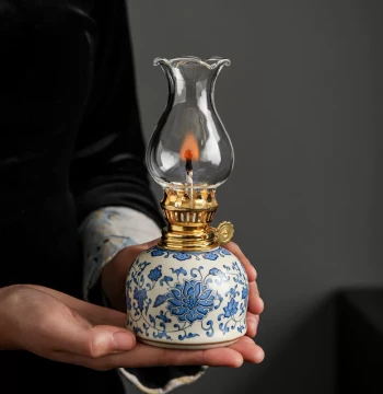 Blue-and-White Ru Kiln Ceramic Butter Lamp, Bedroom Night Light, New Chinese Style Ornament, Buddhist Lamp with Floral Retro Design, Kerosene Lamp Base