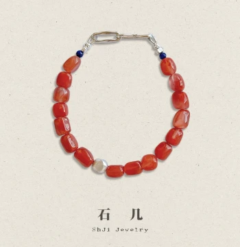 Fuguang Natural Ice-Float Cherry Southern Red Agate Sterling Silver Bracelet with Lapis Lazuli – High Transparency, Freeform, Irregular, Intellectual Original Design