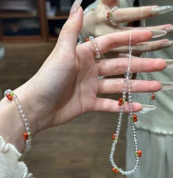 Original Cherry White Crystal Peridot Southern Red Braided Cord Multifunctional Pendant, Elastic Bracelet Ring Phone Chain Set