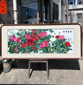Intangible Cultural Heritage Pure Handmade Exquisite Suzhou Embroidery Featuring Peonies and Bamboo, 'Peonies in Bloom Signify Wealth and Honor' Decorative Hanging Painting for Living Room Sofa Background Wall