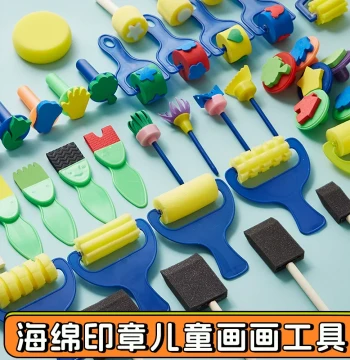 Children's Sponge Stamp Paint Printing Tool Set, Kindergarten Drawing Kit with Round Sponge Sticks, Brushes, and Rollers
