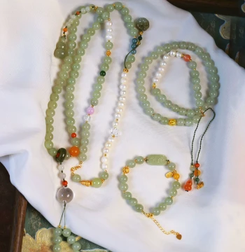 Natural Hetian Jade Green Jade Qing-Shui Original Design Crossbody Chain Set, Detachable Necklace and Bracelet for Women, Jade Stone