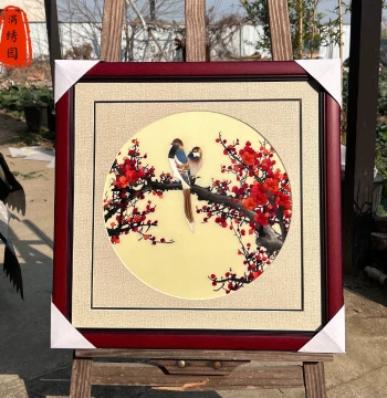 Intangible Cultural Heritage Handmade Suzhou Embroidery - Plum Blossom 'Joy on Eyebrows' Wall Hanging for Living Room, Entryway, Study or Bedroom Decor