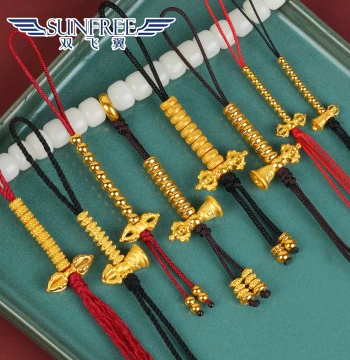 24K Vajra Pestle Gold Demon-Subduing Bell Collectible Mini Side-Hanging Pendant 999 Pure Gold Prayer Beads Long Bracelet Accessory