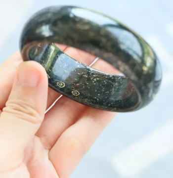 Authentic Natural Hetian Jade Bangle - Size 57, Certificate No. 3131792, Black-Green Jade with Gold Lacquer Detail, Qinghai Material